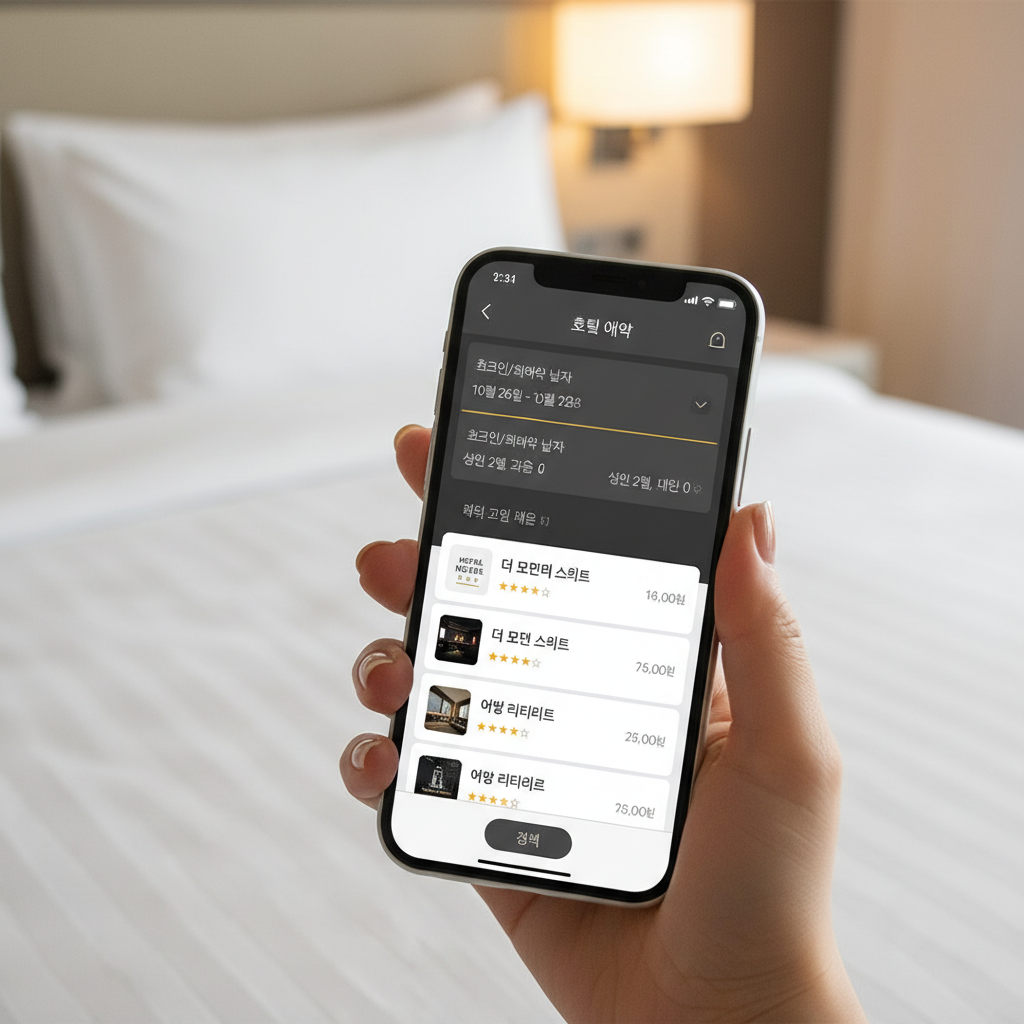 모던하고 미니멀한 스타일의 스마트폰 화면에 호텔 예약 어플리케이션 인터페이스가 띄워져 있는 모습, 배경은 은은한 조명의 깨끗한 호텔 침대 시트 이미지