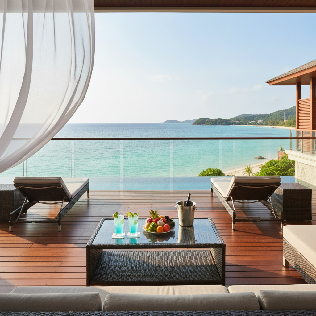 투명한 에메랄드빛 바다가 내려다보이는 고급 리조트 발코니의 전경, 세련된 테라스 가구와 시원한 웰컴 드링크가 놓인 테이블의 고화질 사진