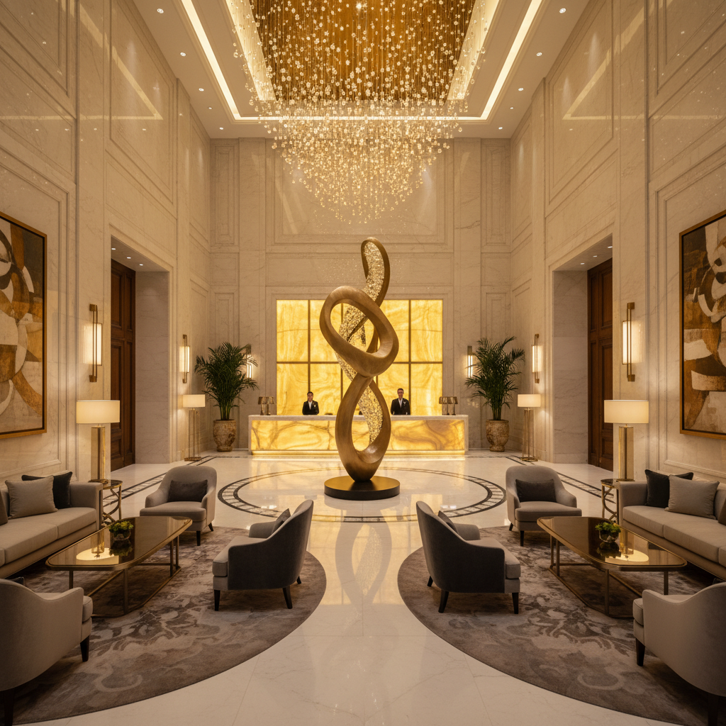 웅장하고 세련된 대리석 인테리어의 호텔 로비 전경, 따뜻한 골드 톤의 조명과 현대적인 예술 조형물이 조화를 이루는 전문적인 사진