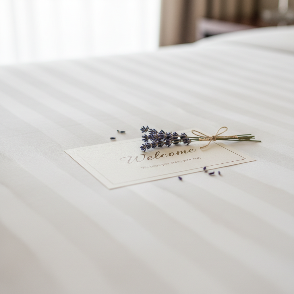 순백의 깨끗한 호텔 침구 위에 가지런히 놓인 웰컴 카드와 작은 라벤더 꽃 장식, 고품격 서비스를 상징하는 정갈하고 감성적인 클로즈업 이미지