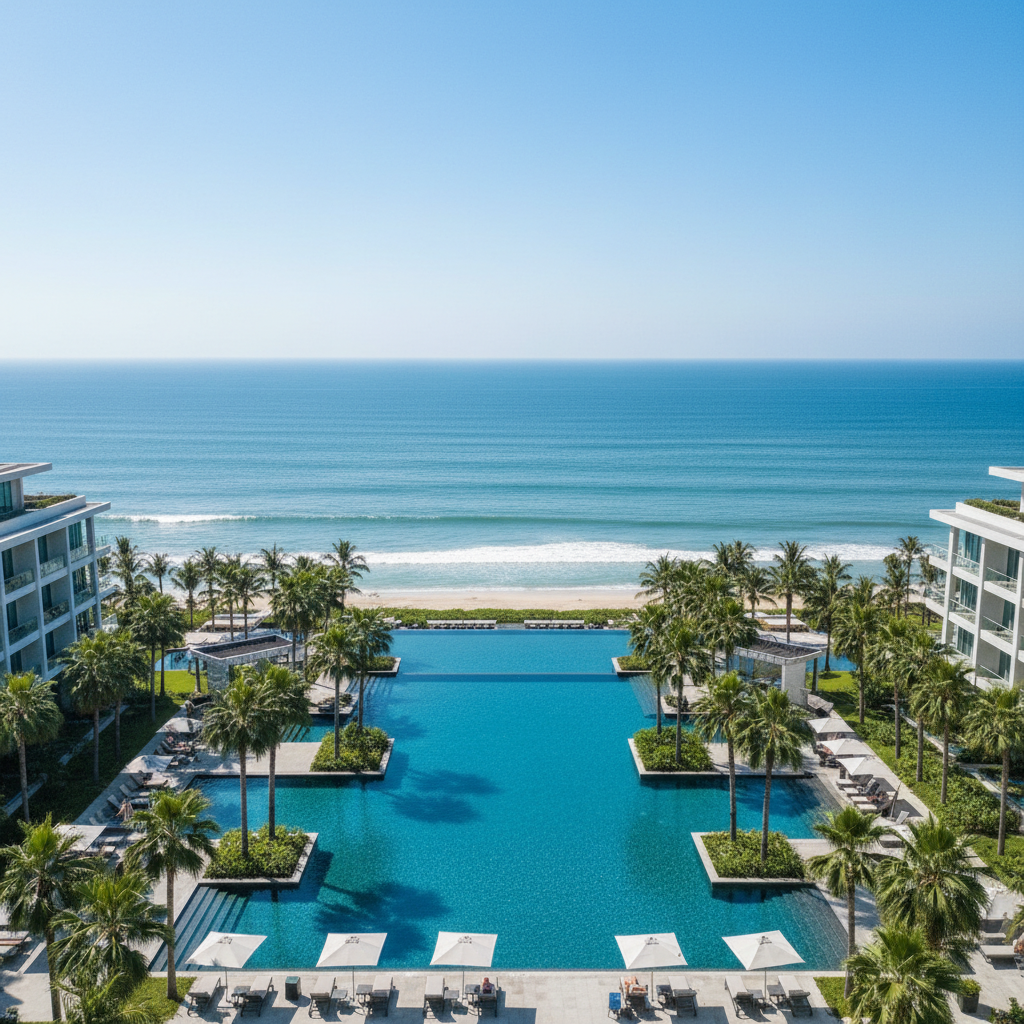 야자수와 대형 인피니티 풀이 어우러진 5성급 휴양지 호텔의 항공 촬영 사진, 맑은 하늘과 푸른 수영장 물의 색감이 강조된 선명한 이미지