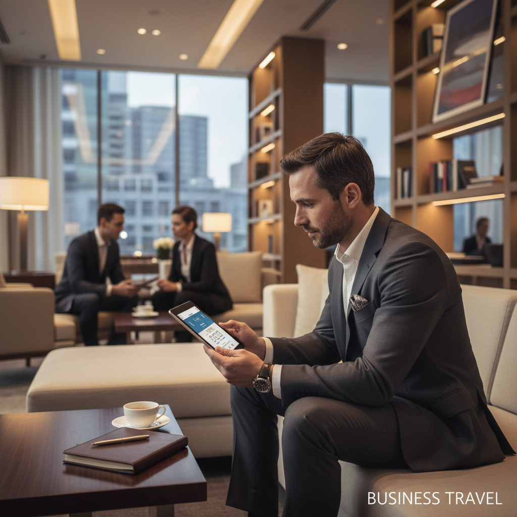 비즈니스 여행객이 세련된 호텔 라운지 소파에 앉아 태블릿PC로 숙소를 검색하는 모습, 전문적이고 신뢰감 있는 분위기의 부드러운 실내 조명